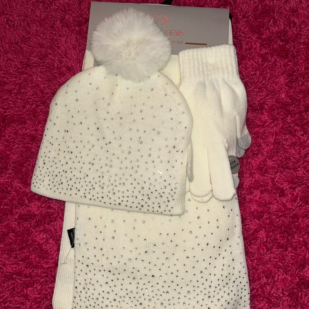 White Winter Hat, Scarf, and Gloves Set